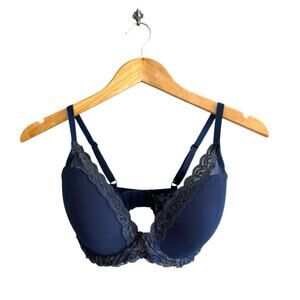 Natori Bra 32DD Feathers Plunge T Shirt Navy Gray Underwire Lace 730023